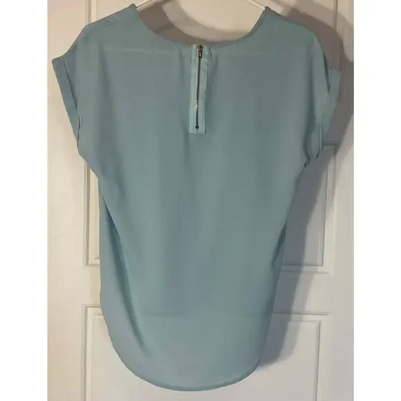 Olive & Oak Green/Blue Cap Sleeve Gold Back Zipper High Low top S - Picture 2 of 6